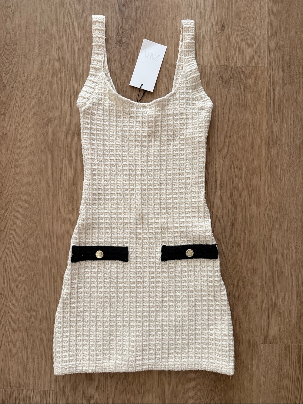 ZARA Cream knit mini dress with gold accents